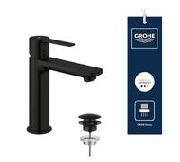 GROHE Lineare - Miscelatore Lavabo Smooth Body con Set Scarico Pop-Up Push-Open (Bocca Alta, Leva Metallica, Cartuccia Ceramica 28 mm, Risparmio Idrico, Attacchi 3/8 Pollici), Nero Opaco