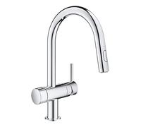 GROHE Minta 31916000 - Miscelatore a doppio spruzzo con valvola di arresto integrata (bocca a C alta, superficie girevole a 90°, cartuccia in ceramica da 46 mm, coda, 379 mm, cromo, 31916000
