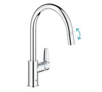 GROHE Start Edge 30553000 QuickFix - Miscelatore monocomando per lavello da cucina, con funzione estraibile (beccuccio alto a C, girevole a 360°, cartuccia in ceramica da 28 mm, code da 1/2", alta