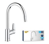 GROHE QuickFix Start Edge, Rubinetto Miscelatore per lavello da cucina a 1 leva con funzione estraibile (bocca a C alta, area girevole a 360°, cartuccia in ceramica da 28 mm) 357 mm, Cromo, 30551000