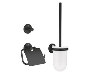 GROHE Quickfix Start, Set Accessori Bagno 3 in 1 Portarotolo con Coperchio, Scopino Per WC, Gancio Per Accappatoio, Estremamente Facile da Montare Quickglue, Nero Opaco, 412042430