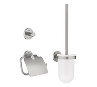 GROHE QuickFix Start, Set accessori da bagno 3 in 1 portarotolo con coperchio, scopino per WC, gancio per accappatoio, montaggio facile con GROHE QuickGlue, Super Steel, 41204DC0