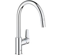 GROHE QuickFix Start Edge, Miscelatore per lavello da cucina a 1 leva con funzione estraibile (bocca a C alta, area girevole a 360°, cartuccia in ceramica da 28 mm) 357 mm, Cromo, 30551000