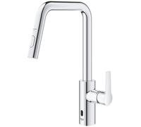 GROHE Start QuickFix Hybrid - Rubinetto da cucina estraibile per funzionamento senza contatto o manuale, beccuccio alto 381 mm, cartuccia in ceramica da 28 mm, girevole a 150°, doppio spruzzo, code da