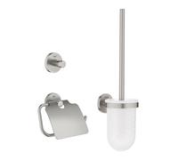 GROHE QuickFix Start, Set accessori da bagno 3 in 1 portarotolo con coperchio, scopino per WC, gancio per accappatoio, montaggio facile con GROHE QuickGlue, Super Steel, 41204DC0