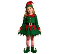 GROJNIXA Costume da Elfa Natalizia per Bambina, Vestito da Elfo con Cappello, Cintura, Calze e Stivali, Travestimento Aiutante di Babbo Natale per Feste Natalizie