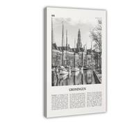 Groningen - Stampa artistica da parete con mappa della città dei Paesi Bassi in bianco e nero, poster decorativo da parete, per casa, bar, ristorante, garage, caffetteria, idea regalo, 50 x 75 cm