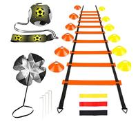 GROOFOO Accessori per allenamento calcio - 6 m scala agility, 12 cappelli arancione/giallo, 4 picchetti, 3 fasce di resistenza (valori diversi), Speed Parachute & Banda, accessori per calcio per