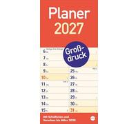 Großdruck Planer 2027: Praktischer Wandplaner mit extra großer Schrift. Großer Wandkalender mit Schulferien und 3-Monats-Ausblick. Terminkalender 2027. 21 x 45 cm