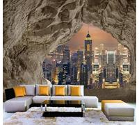 Grotta Muro Di Pietra Città Panorama Notturno Decorazione Murale Moderna Carta Da Parati 3D Seta Pregiata Testurizzata Ideale Per La Camera Letto Del Soggiorno-150cm×105cm
