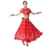 Grouptap Bollywood Rosso Indiano Donna Elegante Fantasia Anarkali Salwar Kameez Abito Arabo Principessa Danza del Ventre Gonna Abiti Costume (Rosso, 150-170 cm, 45-70 kg)