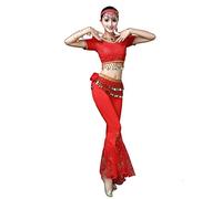 Grouptap Bollywood Tribal Lace Fishtail Indiano Donna Danza del Ventre Top Pantaloni Vestito Rosso Arabo Signore Danza del Ventre Fessure Pantaloni Costume (Rosso, 150-169 cm, 45-65 kg)