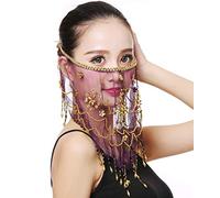 Grouptap danza del ventre mezza faccia velo costume con oro in rilievo trifoglio per le donne ragazze araba danza egiziana (Viola)