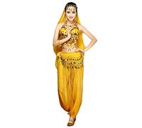 Grouptap Danzatrice del Ventre da Donna Set di Costumi in 4 Pezzi Vestito Giallo con Pantaloni Alti Sciarpa per Il Velo sulla Testa per la Danza araba egiziana (Giallo, 150-170 cm, 45-65 kg)