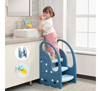 Growaystory Sgabello per bambini, scala a 3 livelli, regolabile in altezza, sicuro, torre di apprendimento, poggiapiedi, poggiapiedi per bambini (blu/azzurro)