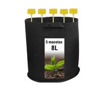 GROWMANIA - 5 sacchetti da coltivazione in tessuto nero con manici - 5 vasi da 8 litri di capacità per piante e fiori rotondi + etichetta regalo