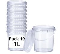 GROWMANIA Confezione x10 Secchio in plastica 1L trasparente con manico - Tupper ermetico adatto per alimenti, liquidi e vernici - Barattolo portaoggetti - Barattolo contenitore resistente