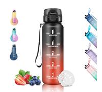 Grsta Borraccia 1 Litro, Borraccia Palestra, Senza Perdite, Borraccie con Orari per Bere, Facile da Pulire, Borracce per Sport, Escursionismo, Corsa, Trekking, Campeggio, Nero-Rosso