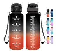 Grsta Borraccia - 1500ml - Borraccia Palestra senza BPA, Borraccia con Cannuccia, Borraccia Sportiva con Indicatore del Tempo Motivazionale, per Studio Fitness, Scuola, Ufficio - Nero Rosso