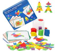 Grtheenumb Blocchi con Motivi, Puzzle Tangram da 155 Pezzi, Set di Blocchi con Motivi in Legno con 12 Carte Fronte-Retro, Giocattolo educativo con Forme abbinate per Matematica precoce e creatività