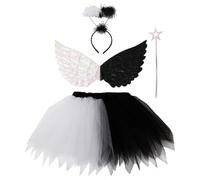 Grtheenumb Costume da Angelo per Ragazza Il Costume da Angelo in Bianco e Nero Include Gonna, Bacchetta Magica, Ala e Fascia per Capelli. Costumi di Halloween di Natale per Ragazze per Feste