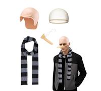 GRU - Accessori per costumi per adulti, berretto calvo, naso finto, cuffia per parrucca, sciarpa a righe, 4 pezzi, costume per Halloween e festa mondiale del libro, costume per adulti