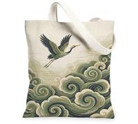 Gru Canvas Tote Bag per le donne, Arte Tradizionale Nuvole Onde Nessuno Verde Lavabile Riutilizzabile Quotidiano Tote Bags Ideas Fo, Verde, 13x15 Inch