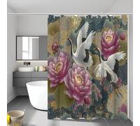 Gru Giapponese Tenda Da Doccia 180X200Cm Loto In Lamina D'Oro Decorativo Impermeabile Antimuffa, Grigio Verde Lavabile Poliestere Resistente Tende Da Bagno Con Ganci Per Vasca Da Bagno