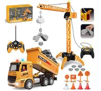 Gru Giocattolo e Camion per Bambini, 2 RC 2,4 GHz Set di Giocattoli da Costruzione con Gancio di Sollevamento, Faro e Suono, Gru a Torre e Camion Telecomandati, Regalo Compleanno Ragazzi dai 6 Anni