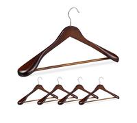 Relaxdays Grucce Appendiabiti Set da 5, Spalle Larghe, Gancio Girevole a 360°, Asta per Pantaloni, Legno, Marrone Scuro