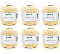 Gründl filato per uncinetto 100 uni (lana per maglieria, filato di cotone mercerizzato per uncinetto, 100% cotone, 100 g / 566 m, spessore dell'ago: 1,5-2, 6 x 100 g), Giallo Pastello