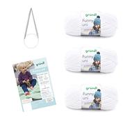 Gründl Funny - Kit per maglieria a tinta unita (filato di ciniglia vellutato) 3 x 100 g + aghi 5-6 + istruzioni per una coperta per bambini, 34 x 19 x 8 cm, colore: Bianco