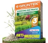 GRÜNTEK Concime per Prato Primaverile Antimuschio 5kg - 150m2 | Semi per Prato Moos-Stop con 2% Ferro (Fe) | Formula NPK 9+5+13 | Senza Erbicidi - Sicuro per il Suolo | Effetto Lunga Durata 3 Mesi