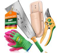 GRÜNTEK Set Potatura Premium 4 Pz: Forbici da Potatura Cesoie Giardinaggio + Sega Giapponese 300mm + Fondina in Pelle + 1 Paio di Guanti da Lavoro Giardinaggio L/9 in Bambù. Idea Regalo Giardino.