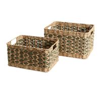 GRUGOODS Set di 2 cesti portaoggetti in vimini rettangolari 16"D X 12"W X 9"H & 14"D X 10"W X 7"H Cestini di carta in tessuto a mano con manici integrati, grande scatola in rattan per scaffali