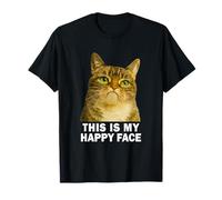 Grumpy Tabby Cat This is My Happy Face Funny Weird Cat Meme Maglietta