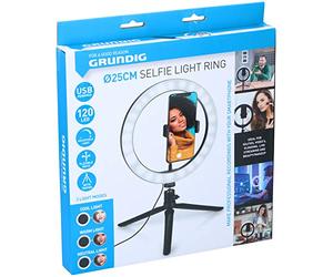 Grundig Luce ad anello per selfie su treppiede, lampada ad anello, per smartphone, social media e vlog, LED, flessibile, 25 cm