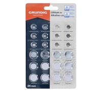 Grundig Set di batterie a bottone 24 pezzi - litio 3 V e alcaline 1,5 V - tipo AG e CR - per orologi telecomandi giocattoli