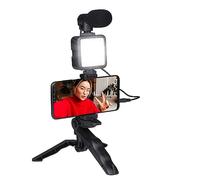 Grundig Treppiede Telefono con Lampada - Tripod con microfono - LED con 3 impostazioni di colore - per telefoni da 53 a 84 MM - Modello di tavolo e asta per selfie - Materiale in plastica - Nero