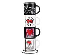 Grupo Erik - Set di 4 Tazze collazione Keith Haring/Compatibili con lavastoviglie e microonde, supporto incluso| Arte pop iconica, Ceramica di alta qualità, Licenza ufficiale