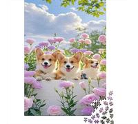 Gruppo floreale di Corgi 1000 Pezzi Fiori rosa Puzzle Cartone Resistente Per Amanti Puzzle, Difficile Ma Soddisfacente, Regalo Compleanno Immagini Vibranti 38x26cm/1000pcs