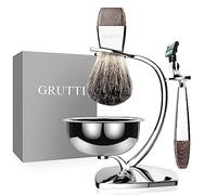 GRUTTI Set da barba, rasoio cromato di lusso e portaspazzole con portasapone e spazzola in tasso Badger Pennello e rasoio di sicurezza compatibile con Mach 3