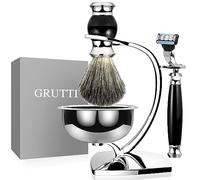 GRUTTI Set di spazzole da barba Premium con supporto per spazzola di lusso e portaspazzole per ciotola di sapone e set di rasatura manuale per rasoio da uomo (Mach 3)
