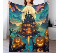 GSAEIMCT Coperta Per Halloween,Morbida Coperta In Peluche Arancione Blu Zucca Dell'Isola Coperta In Flanella Paesaggio Fantastico Decorazione Per Feste,Divano,Letto,Soggiorno,220X240Cm
