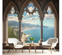 GSAEIMCT Fotomurale 3D Carta Da Parati Blu-Verde Baia Di Montagna 250X170Cm Murales Panoramica 3D,Carta Da Parati Fotomurale Arte Architettura Gotica Per Soggiorno,Camera Letto Stanza Bambini