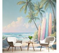 GSAEIMCT Fotomurale 3D Carta Da Parati Blu-Verde Tavola Da Surf Di Palma 150X105Cm Murales Panoramica 3D,Carta Da Parati Fotomurale Arte Spiagge Oceani Per Soggiorno,Camera Letto Stanza Bambini