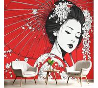 GSAEIMCT Panorama Carta Da Parati Rosso Signora Dell'Ombrello 200X140Cm Decorazione Da Muro Xxl Poster Gigante Design Cameretta Caratteri Giapponesi Effetto 3D Per Soggiorno,Camera Da Letto,Sfondo Tv