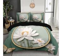 GSAEIMCT Set Di Biancheria Bianco Verde Farfalla Di Loto,Biancheria Da Letto In Microfibra,Parure Copri Piumone 220X230Cm Scenario Elegante Con Cerniera Federe Cerniera 3 Pezzi