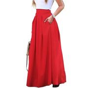 GSCLZ Lady Pleated Skirt Women High Waist A Line Floor Length With Pockets Solid Maxi Skirts(Red,L)