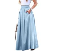 GSCLZ Low Rise Straight Skirts Women's Large Swing High Waist Pleated Half Skirt With Pocket(Blue,XL)